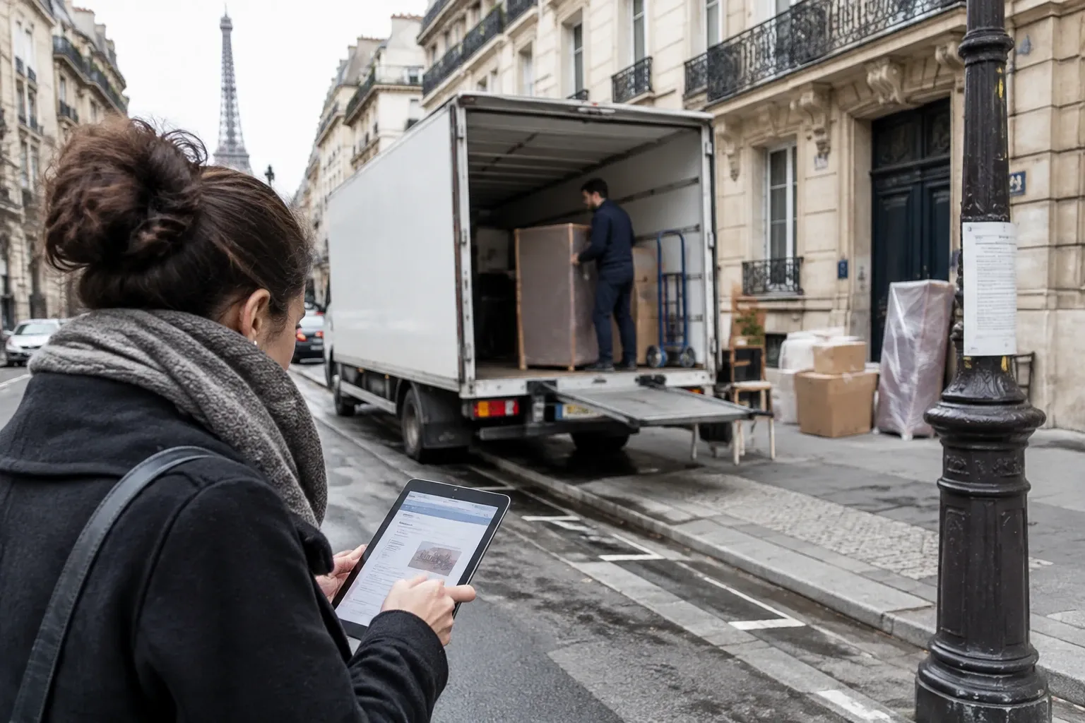 Femme consultant une tablette devant camion de déménagement garé rue parisienne, ouvrier charge meuble