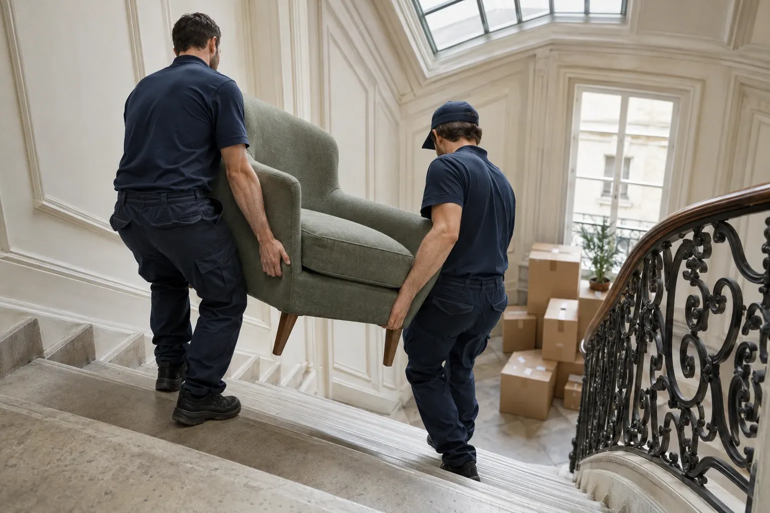 Deux déménageurs descendant un fauteuil dans l'escalier d'un immeuble haussmannien à Paris