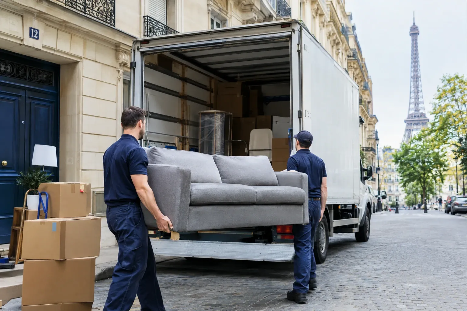 Deux déménageurs portent un canapé gris vers un camion de déménagement à Paris