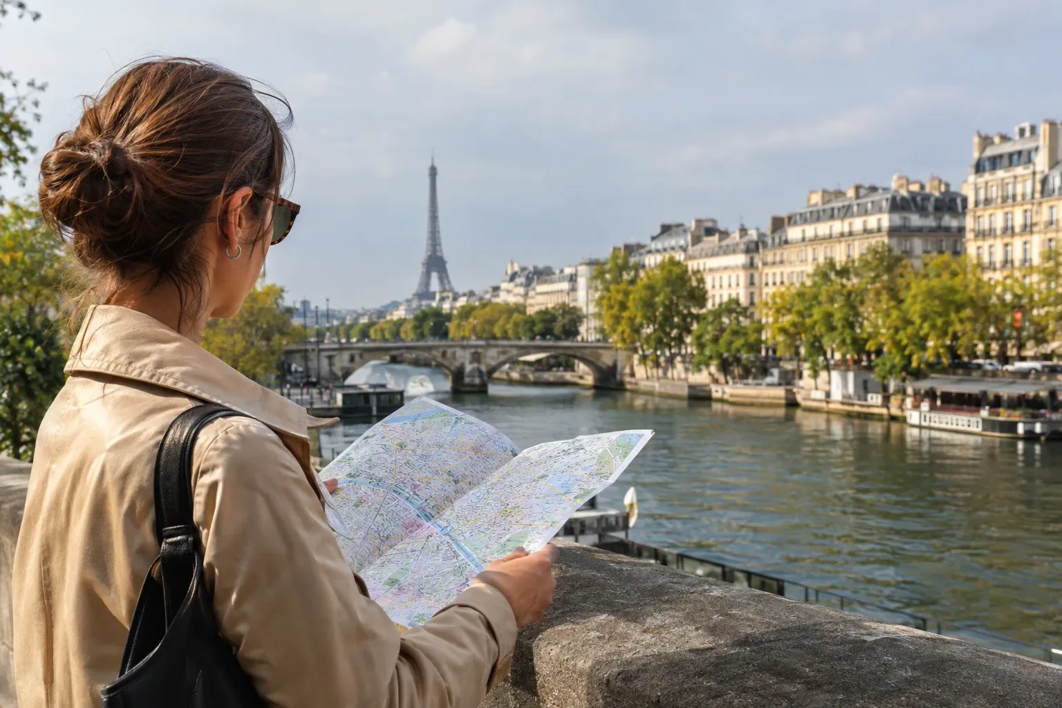 Femme vue de dos consultanto un plan sur une rive de la Seine, tour Eiffel visible au loin