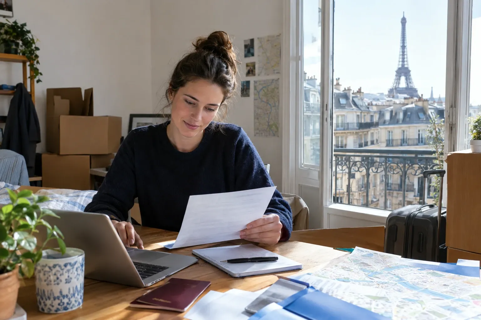 Jeune femme vérifie des papiers sur ordinateur, vue de la Tour Eiffel depuis appartement